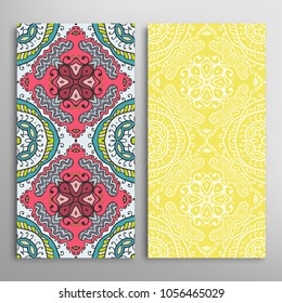 Vertical seamless patterns set, floral geometric lace texture for Wedding, Valentine's day, greeting cards or Birthday Invitations. Decorative seamless backgrounds. Ethnic ornament, border pattern