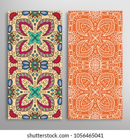 Vertical seamless patterns set, floral geometric lace texture for Wedding, Valentine's day, greeting cards or Birthday Invitations. Decorative seamless backgrounds. Ethnic ornament, border pattern