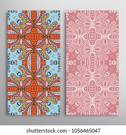 Vertical seamless patterns set, floral geometric lace texture for Wedding, Valentine's day, greeting cards or Birthday Invitations. Decorative seamless backgrounds. Ethnic ornament, border pattern