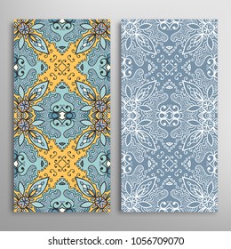 Vertical seamless patterns set, floral geometric lace texture for Wedding, Valentine's day, greeting cards or Birthday Invitations. Decorative seamless backgrounds. Ethnic ornament, border pattern