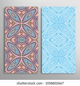 Vertical seamless patterns set, floral geometric lace texture for Wedding, Valentine's day, greeting cards or Birthday Invitations. Decorative seamless backgrounds. Ethnic ornament, border pattern