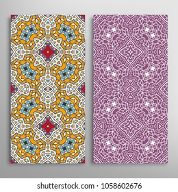 Vertical seamless patterns set, floral geometric lace texture for Wedding, Valentine's day, greeting cards or Birthday Invitations. Decorative seamless backgrounds. Ethnic ornament, border pattern