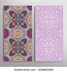 Vertical seamless patterns set, floral geometric lace texture for Wedding, Valentine's day, greeting cards or Birthday Invitations. Decorative seamless backgrounds. Ethnic ornament, border pattern