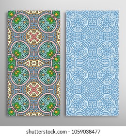 Vertical seamless patterns set, floral geometric lace texture for Wedding, Valentine's day, greeting cards or Birthday Invitations. Decorative seamless backgrounds. Ethnic ornament, border pattern