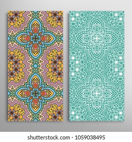 Vertical seamless patterns set, floral geometric lace texture for Wedding, Valentine's day, greeting cards or Birthday Invitations. Decorative seamless backgrounds. Ethnic ornament, border pattern