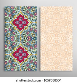 Vertical seamless patterns set, floral geometric lace texture for Wedding, Valentine's day, greeting cards or Birthday Invitations. Decorative seamless backgrounds. Ethnic ornament, border pattern