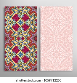 Vertical seamless patterns set, floral geometric lace texture for Wedding, Valentine's day, greeting cards or Birthday Invitations. Decorative seamless backgrounds. Ethnic ornament, border pattern