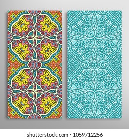 Vertical seamless patterns set, floral geometric lace texture for Wedding, Valentine's day, greeting cards or Birthday Invitations. Decorative seamless backgrounds. Ethnic ornament, border pattern