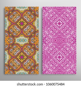 Vertical seamless patterns set, floral geometric lace texture for Wedding, Valentine's day, greeting cards or Birthday Invitations. Decorative seamless backgrounds. Ethnic ornament, border pattern