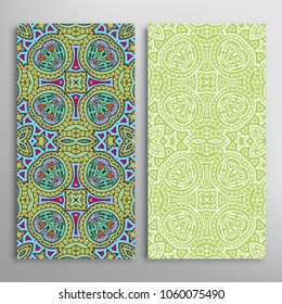 Vertical seamless patterns set, floral geometric lace texture for Wedding, Valentine's day, greeting cards or Birthday Invitations. Decorative seamless backgrounds. Ethnic ornament, border pattern