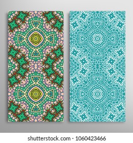 Vertical seamless patterns set, floral geometric lace texture for Wedding, Valentine's day, greeting cards or Birthday Invitations. Decorative seamless backgrounds. Ethnic ornament, border pattern