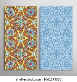 Vertical seamless patterns set, floral geometric lace texture for Wedding, Valentine's day, greeting cards or Birthday Invitations. Decorative seamless backgrounds. Ethnic ornament, border pattern