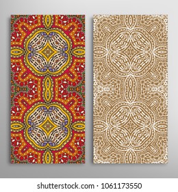 Vertical seamless patterns set, floral geometric lace texture for Wedding, Valentine's day, greeting cards or Birthday Invitations. Decorative seamless backgrounds. Ethnic ornament, border pattern