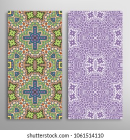 Vertical seamless patterns set, floral geometric lace texture for Wedding, Valentine's day, greeting cards or Birthday Invitations. Decorative seamless backgrounds. Ethnic ornament, border pattern
