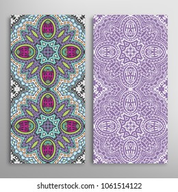 Vertical seamless patterns set, floral geometric lace texture for Wedding, Valentine's day, greeting cards or Birthday Invitations. Decorative seamless backgrounds. Ethnic ornament, border pattern