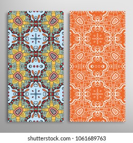 Vertical seamless patterns set, floral geometric lace texture for Wedding, Valentine's day, greeting cards or Birthday Invitations. Decorative seamless backgrounds. Ethnic ornament, border pattern