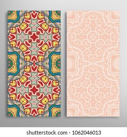 Vertical seamless patterns set, floral geometric lace texture for Wedding, Valentine's day, greeting cards or Birthday Invitations. Decorative seamless backgrounds. Ethnic ornament, border pattern