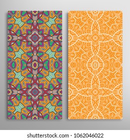 Vertical seamless patterns set, floral geometric lace texture for Wedding, Valentine's day, greeting cards or Birthday Invitations. Decorative seamless backgrounds. Ethnic ornament, border pattern