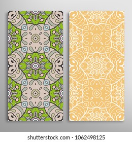 Vertical seamless patterns set, floral geometric lace texture for Wedding, Valentine's day, greeting cards or Birthday Invitations. Decorative seamless backgrounds. Ethnic ornament, border pattern