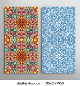 Vertical seamless patterns set, floral geometric lace texture for Wedding, Valentine's day, greeting cards or Birthday Invitations. Decorative seamless backgrounds. Ethnic ornament, border pattern