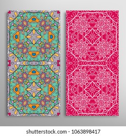 Vertical seamless patterns set, floral geometric lace texture for Wedding, Valentine's day, greeting cards or Birthday Invitations. Decorative seamless backgrounds. Ethnic ornament, border pattern