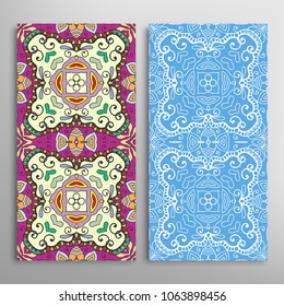 Vertical seamless patterns set, floral geometric lace texture for Wedding, Valentine's day, greeting cards or Birthday Invitations. Decorative seamless backgrounds. Ethnic ornament, border pattern