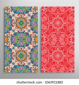 Vertical seamless patterns set, floral geometric lace texture for Wedding, Valentine's day, greeting cards or Birthday Invitations. Decorative seamless backgrounds. Ethnic ornament, border pattern