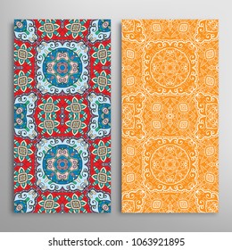 Vertical seamless patterns set, floral geometric lace texture for Wedding, Valentine's day, greeting cards or Birthday Invitations. Decorative seamless backgrounds. Ethnic ornament, border pattern