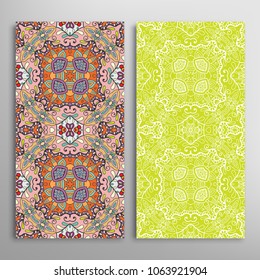 Vertical seamless patterns set, floral geometric lace texture for Wedding, Valentine's day, greeting cards or Birthday Invitations. Decorative seamless backgrounds. Ethnic ornament, border pattern