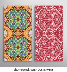Vertical seamless patterns set, floral geometric lace texture for Wedding, Valentine's day, greeting cards or Birthday Invitations. Decorative seamless backgrounds. Ethnic ornament, border pattern