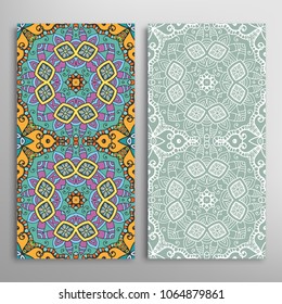 Vertical seamless patterns set, floral geometric lace texture for Wedding, Valentine's day, greeting cards or Birthday Invitations. Decorative seamless backgrounds. Ethnic ornament, border pattern