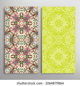 Vertical seamless patterns set, floral geometric lace texture for Wedding, Valentine's day, greeting cards or Birthday Invitations. Decorative seamless backgrounds. Ethnic ornament, border pattern