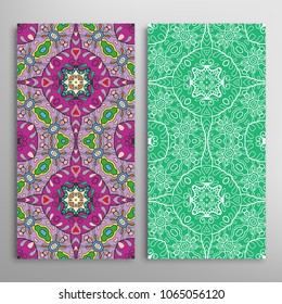Vertical seamless patterns set, floral geometric lace texture for Wedding, Valentine's day, greeting cards or Birthday Invitations. Decorative seamless backgrounds. Ethnic ornament, border pattern