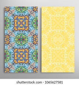 Vertical seamless patterns set, floral geometric lace texture for Wedding, Valentine's day, greeting cards or Birthday Invitations. Decorative seamless backgrounds. Ethnic ornament, border pattern