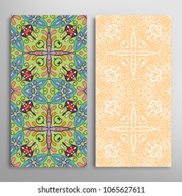 Vertical seamless patterns set, floral geometric lace texture for Wedding, Valentine's day, greeting cards or Birthday Invitations. Decorative seamless backgrounds. Ethnic ornament, border pattern