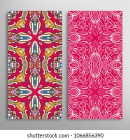 Vertical seamless patterns set, floral geometric lace texture for Wedding, Valentine's day, greeting cards or Birthday Invitations. Decorative seamless backgrounds. Ethnic ornament, border pattern