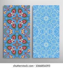 Vertical seamless patterns set, floral geometric lace texture for Wedding, Valentine's day, greeting cards or Birthday Invitations. Decorative seamless backgrounds. Ethnic ornament, border pattern