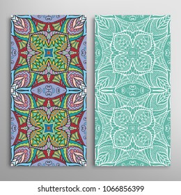 Vertical seamless patterns set, floral geometric lace texture for Wedding, Valentine's day, greeting cards or Birthday Invitations. Decorative seamless backgrounds. Ethnic ornament, border pattern