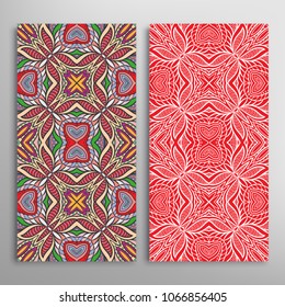 Vertical seamless patterns set, floral geometric lace texture for Wedding, Valentine's day, greeting cards or Birthday Invitations. Decorative seamless backgrounds. Ethnic ornament, border pattern