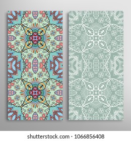Vertical seamless patterns set, floral geometric lace texture for Wedding, Valentine's day, greeting cards or Birthday Invitations. Decorative seamless backgrounds. Ethnic ornament, border pattern