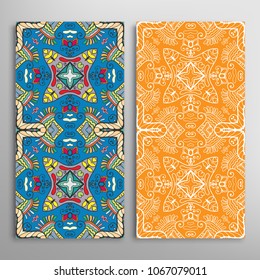 Vertical seamless patterns set, floral geometric lace texture for Wedding, Valentine's day, greeting cards or Birthday Invitations. Decorative seamless backgrounds. Ethnic ornament, border pattern