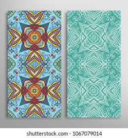Vertical seamless patterns set, floral geometric lace texture for Wedding, Valentine's day, greeting cards or Birthday Invitations. Decorative seamless backgrounds. Ethnic ornament, border pattern