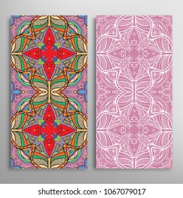Vertical seamless patterns set, floral geometric lace texture for Wedding, Valentine's day, greeting cards or Birthday Invitations. Decorative seamless backgrounds. Ethnic ornament, border pattern