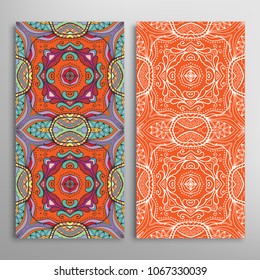Vertical seamless patterns set, floral geometric lace texture for Wedding, Valentine's day, greeting cards or Birthday Invitations. Decorative seamless backgrounds. Ethnic ornament, border pattern