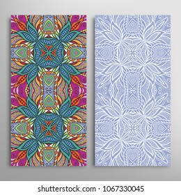 Vertical seamless patterns set, floral geometric lace texture for Wedding, Valentine's day, greeting cards or Birthday Invitations. Decorative seamless backgrounds. Ethnic ornament, border pattern