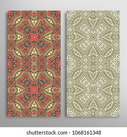 Vertical seamless patterns set, floral geometric lace texture for Wedding, Valentine's day, greeting cards or Birthday Invitations. Decorative seamless backgrounds. Ethnic ornament, border pattern