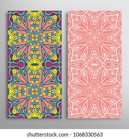 Vertical seamless patterns set, floral geometric lace texture for Wedding, Valentine's day, greeting cards or Birthday Invitations. Decorative seamless backgrounds. Ethnic ornament, border pattern