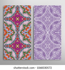 Vertical seamless patterns set, floral geometric lace texture for Wedding, Valentine's day, greeting cards or Birthday Invitations. Decorative seamless backgrounds. Ethnic ornament, border pattern