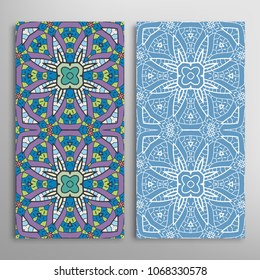 Vertical seamless patterns set, floral geometric lace texture for Wedding, Valentine's day, greeting cards or Birthday Invitations. Decorative seamless backgrounds. Ethnic ornament, border pattern
