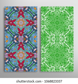 Vertical seamless patterns set, floral geometric lace texture for Wedding, Valentine's day, greeting cards or Birthday Invitations. Decorative seamless backgrounds. Ethnic ornament, border pattern